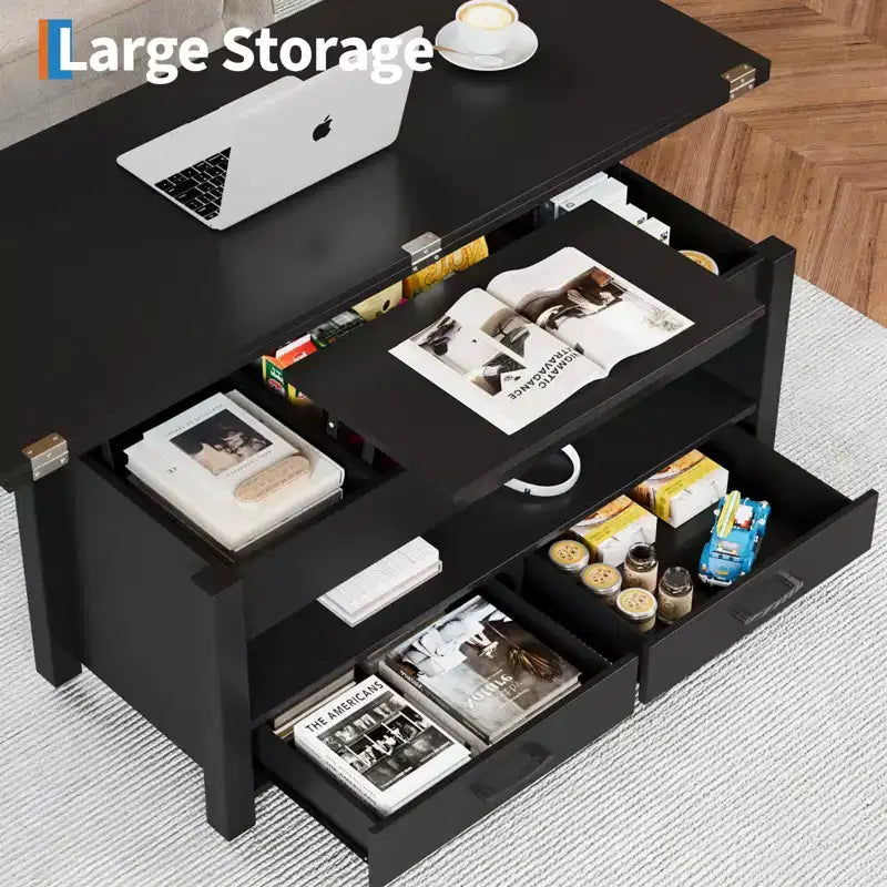Table basse à plateau relevable, Grande table basse avec compartiment caché, Table basse de rangement pour salon, Design moderne