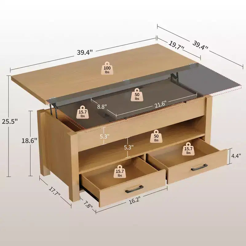 Table basse à plateau relevable, Grande table basse avec compartiment caché, Table basse de rangement pour salon, Design moderne
