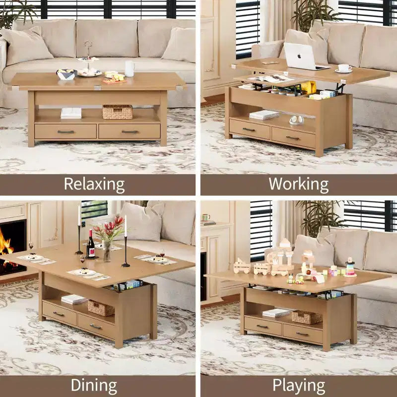 Table basse à plateau relevable, Grande table basse avec compartiment caché, Table basse de rangement pour salon, Design moderne