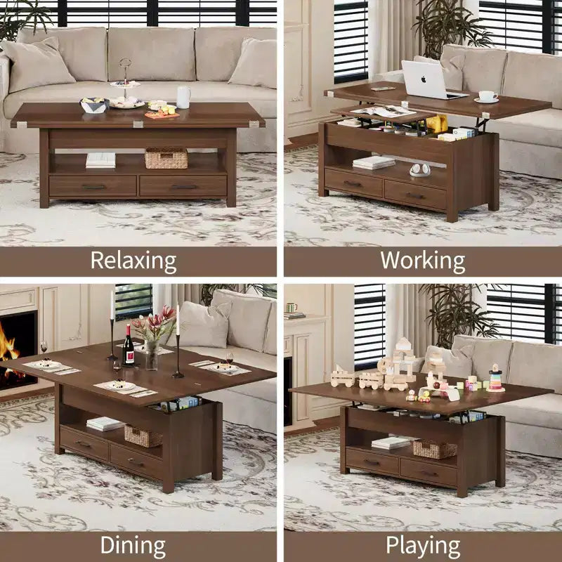 Table basse à plateau relevable, Grande table basse avec compartiment caché, Table basse de rangement pour salon, Design moderne