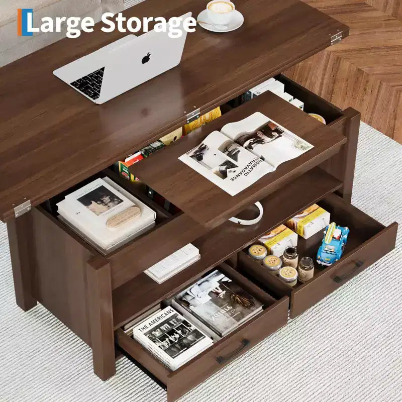 Table basse à plateau relevable, Grande table basse avec compartiment caché, Table basse de rangement pour salon, Design moderne