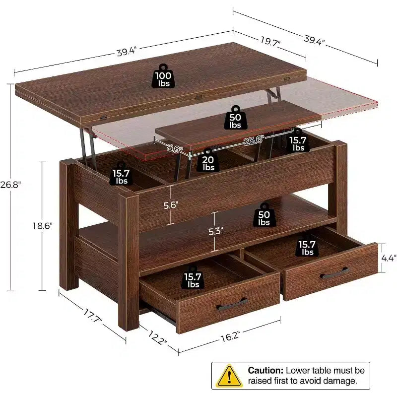 Table basse à plateau relevable, Grande table basse avec compartiment caché, Table basse de rangement pour salon, Design moderne