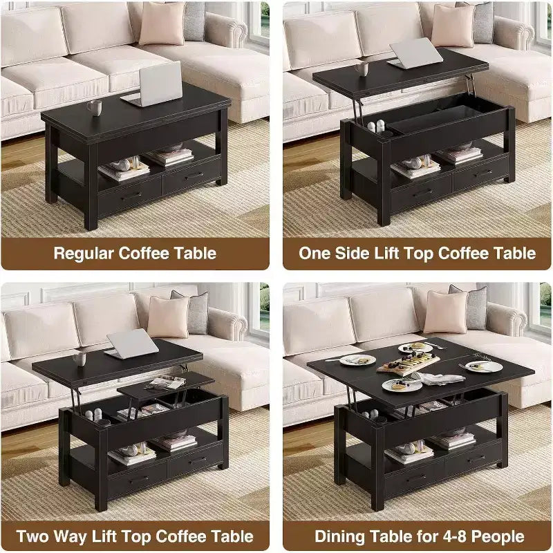Table basse à plateau relevable, Grande table basse avec compartiment caché, Table basse de rangement pour salon, Design moderne