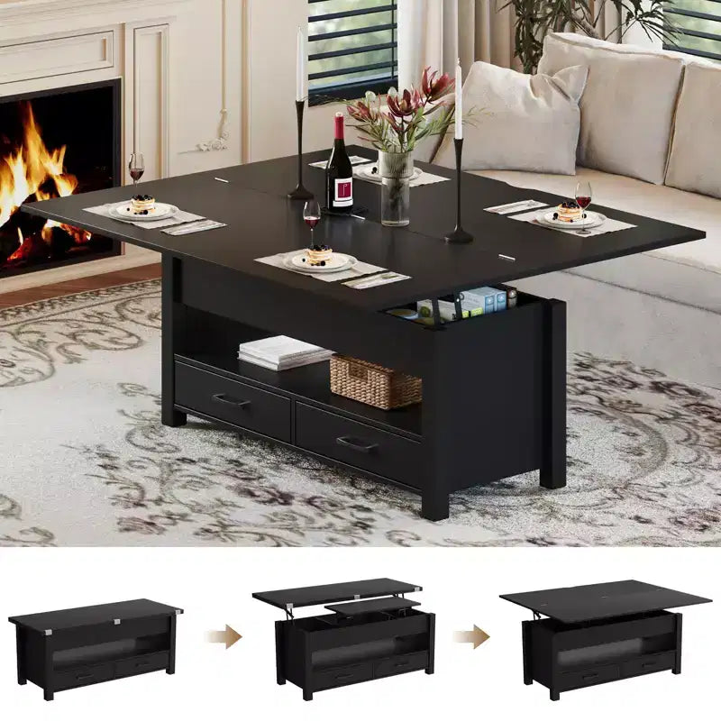 Table basse à plateau relevable, Grande table basse avec compartiment caché, Table basse de rangement pour salon, Design moderne