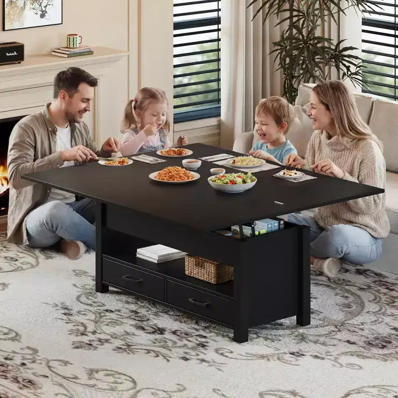 Table basse à plateau relevable, Grande table basse avec compartiment caché, Table basse de rangement pour salon, Design moderne