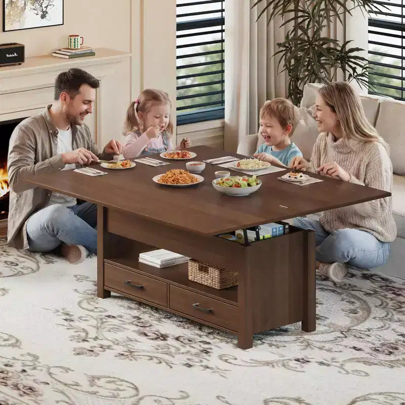 Table basse à plateau relevable, Grande table basse avec compartiment caché, Table basse de rangement pour salon, Design moderne