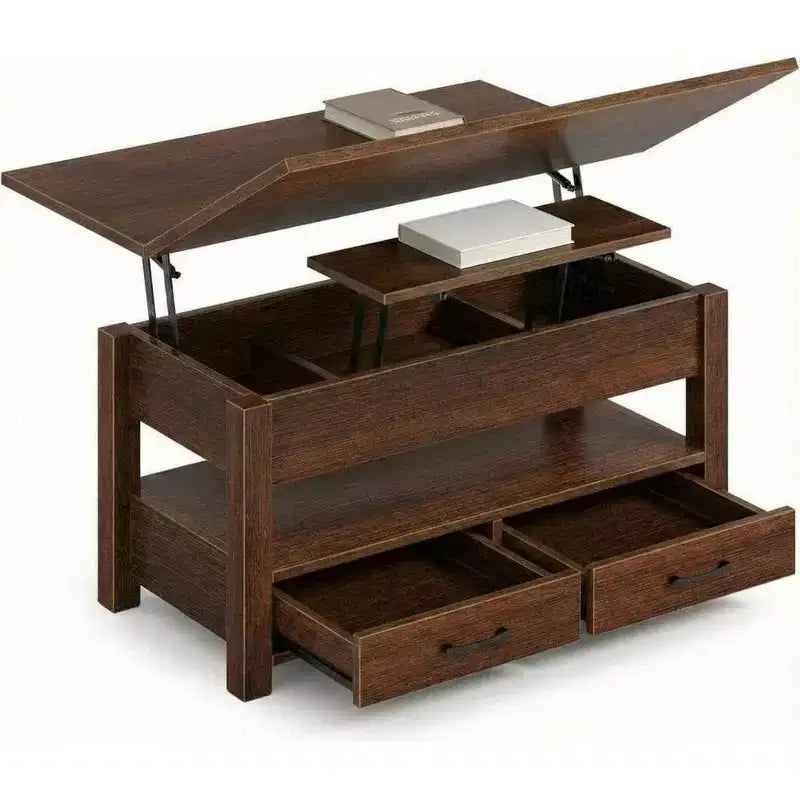 Table basse à plateau relevable, Grande table basse avec compartiment caché, Table basse de rangement pour salon, Design moderne