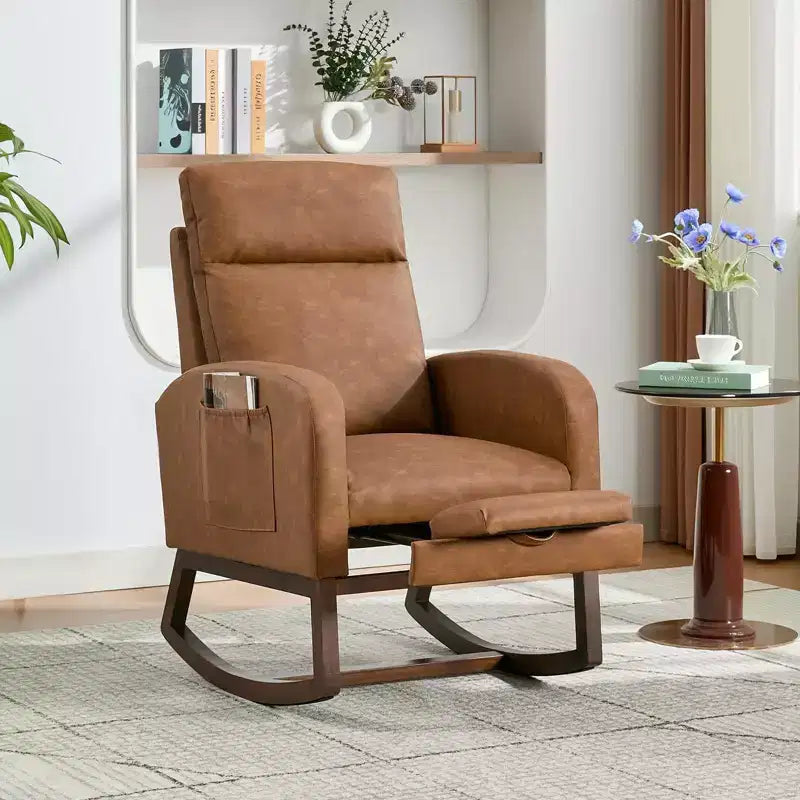 2Pcs Rocking Chair, Upholstered Rocking Chair,High Back, Soft Bear Fabric, Adjustable Footrest, Glider Rocker for Living Room, Bedroom, Brown