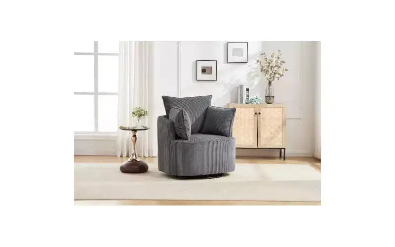 Swivel Barrel Accent Chair with Curved Back and Solid Wood Frame, Upholstered Round Armchair for Living Room Bedroom Home Office