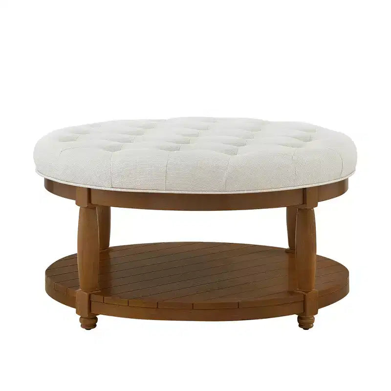 GDFStudio Damien, pouf ottoman rond moderne en bois, rembourré en lin, capitonné avec étagère de rangement