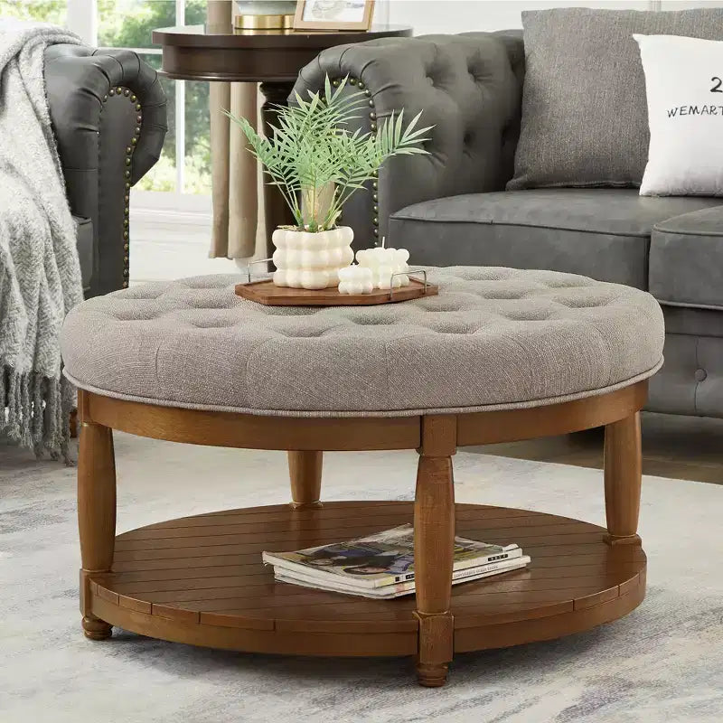 GDFStudio Damien, pouf ottoman rond moderne en bois, rembourré en lin, capitonné avec étagère de rangement