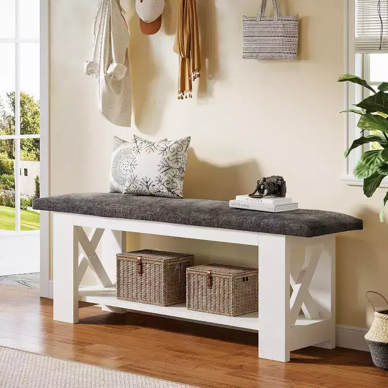 Banc d'entrée de ferme Lantine 47 avec coussin rembourré, meuble de rangement à chaussures en bois à 2 niveaux pour couloir, salon, chambre à coucher