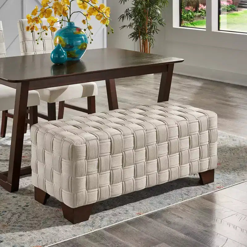 Banc Tressé Fini Noyer – Beige / Gris Foncé, 2 Places