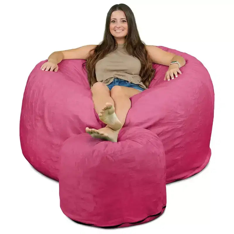 Ultimate Sack 5 Ft Foam Filled Fur Covered Bean Bag Chair with Footstool, Pink