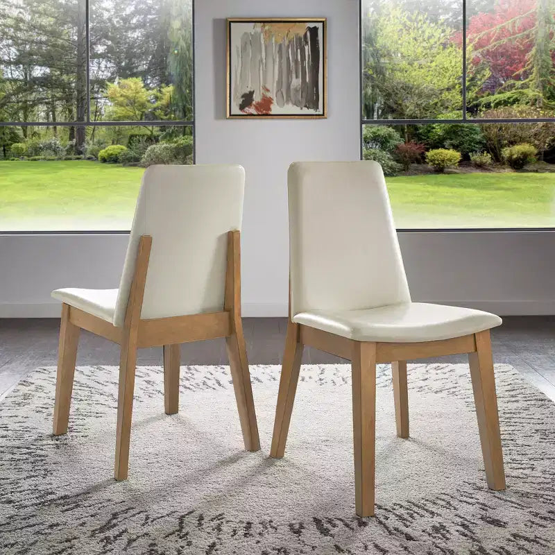 Chaises de salle à manger en cuir végétalien au fini bois, blanches, ensemble de 2