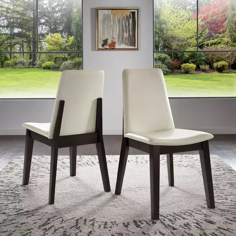 Chaises de salle à manger en cuir végétalien au fini bois, blanches, ensemble de 2