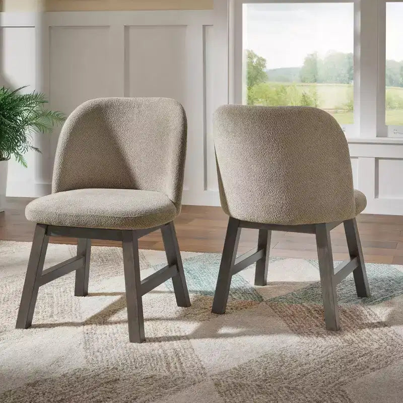 Chaise de salle à manger incurvée à dossier bas, tissu taupe, finition bois, lot de 2