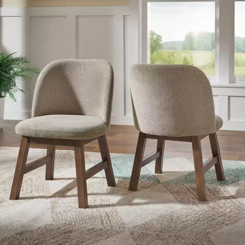 Chaise de salle à manger incurvée à dossier bas, tissu taupe, finition bois, lot de 2