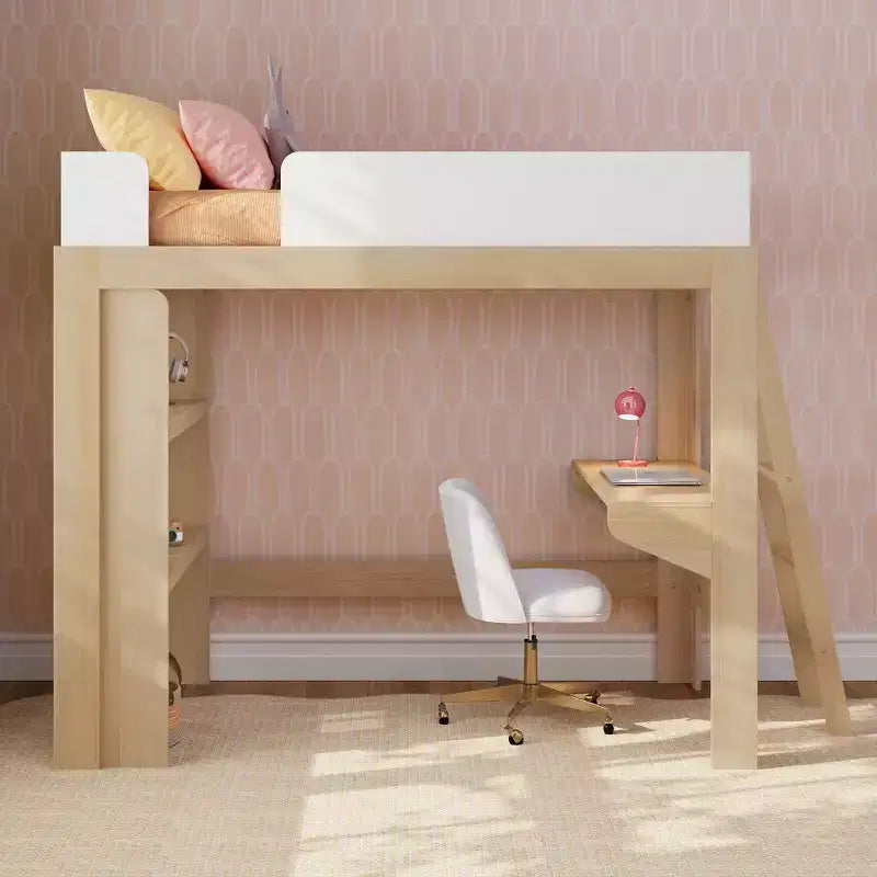 Lit mezzanine double avec bureau et étagère, moderne du milieu du siècle, 1 personne — Blond/Pacanier