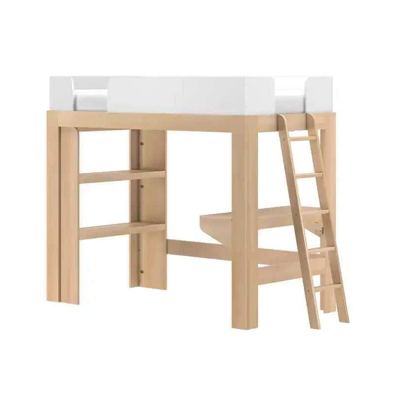 Lit mezzanine double avec bureau et étagère, moderne du milieu du siècle, 1 personne — Blond/Pacanier