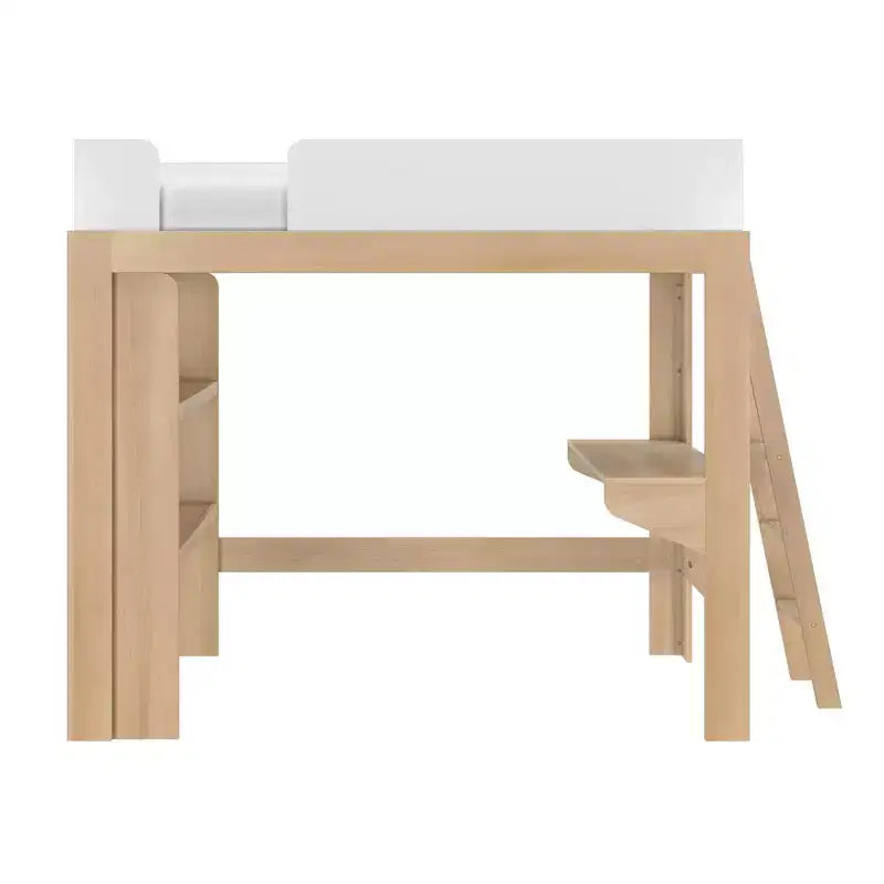 Lit mezzanine double avec bureau et étagère, moderne du milieu du siècle, 1 personne — Blond/Pacanier