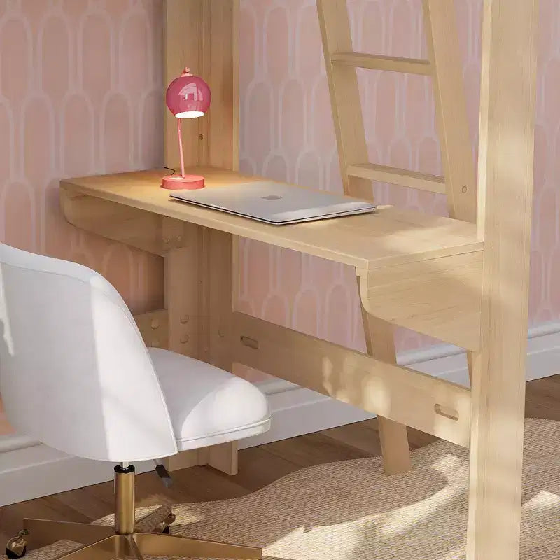 Lit mezzanine double avec bureau et étagère, moderne du milieu du siècle, 1 personne — Blond/Pacanier