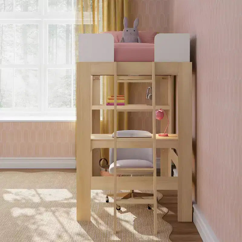 Lit mezzanine double avec bureau et étagère, moderne du milieu du siècle, 1 personne — Blond/Pacanier