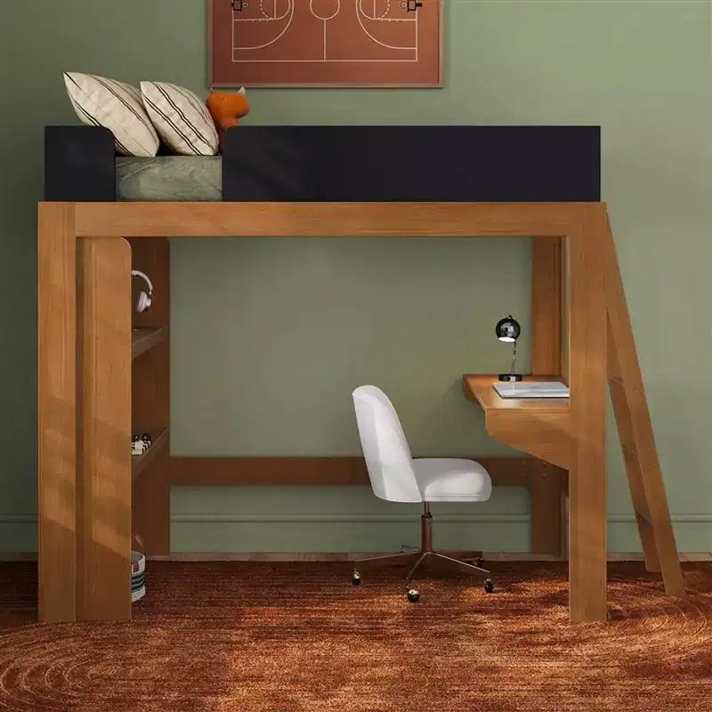 Lit mezzanine double avec bureau et étagère, moderne du milieu du siècle, 1 personne — Blond/Pacanier