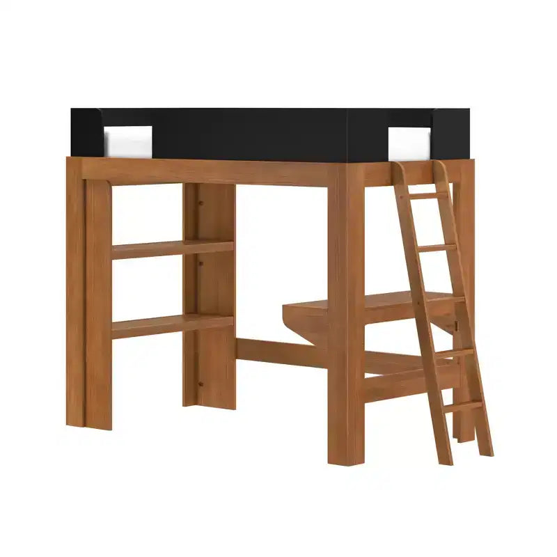 Lit mezzanine double avec bureau et étagère, moderne du milieu du siècle, 1 personne — Blond/Pacanier