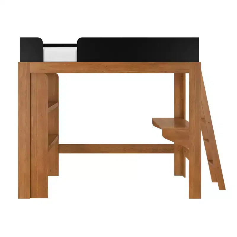 Lit mezzanine double avec bureau et étagère, moderne du milieu du siècle, 1 personne — Blond/Pacanier