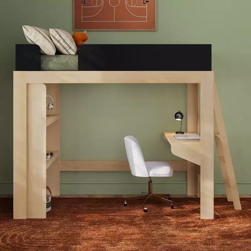 Lit mezzanine double avec bureau et étagère, moderne du milieu du siècle, 1 personne — Blond/Pacanier