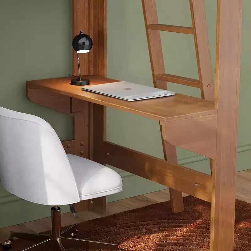 Lit mezzanine double avec bureau et étagère, moderne du milieu du siècle, 1 personne — Blond/Pacanier