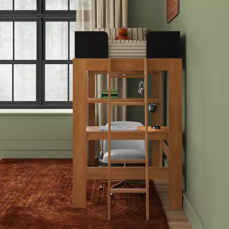 Lit mezzanine double avec bureau et étagère, moderne du milieu du siècle, 1 personne — Blond/Pacanier
