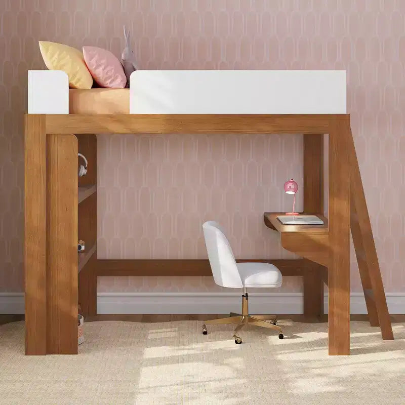 Lit mezzanine double avec bureau et étagère, moderne du milieu du siècle, 1 personne — Blond/Pacanier