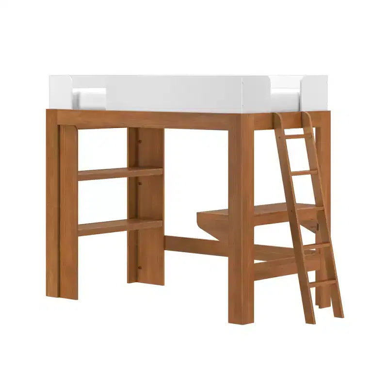 Lit mezzanine double avec bureau et étagère, moderne du milieu du siècle, 1 personne — Blond/Pacanier