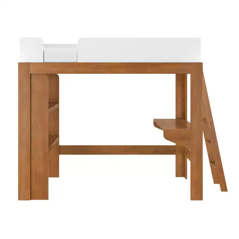 Lit mezzanine double avec bureau et étagère, moderne du milieu du siècle, 1 personne — Blond/Pacanier