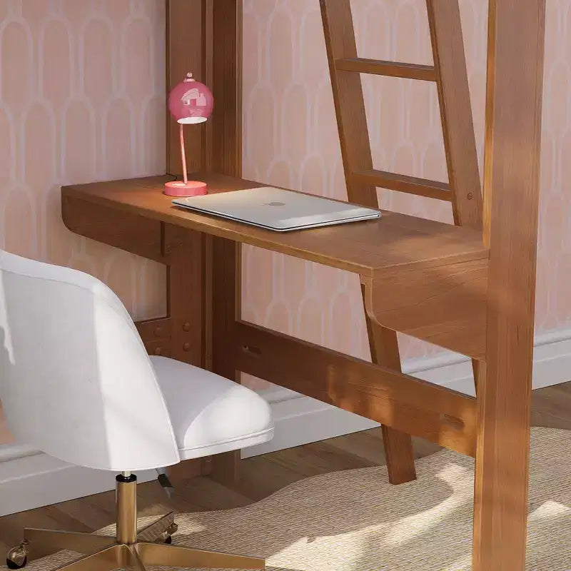 Lit mezzanine double avec bureau et étagère, moderne du milieu du siècle, 1 personne — Blond/Pacanier