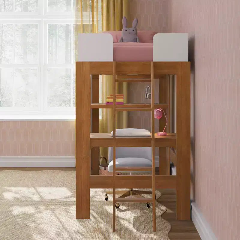 Lit mezzanine double avec bureau et étagère, moderne du milieu du siècle, 1 personne — Blond/Pacanier