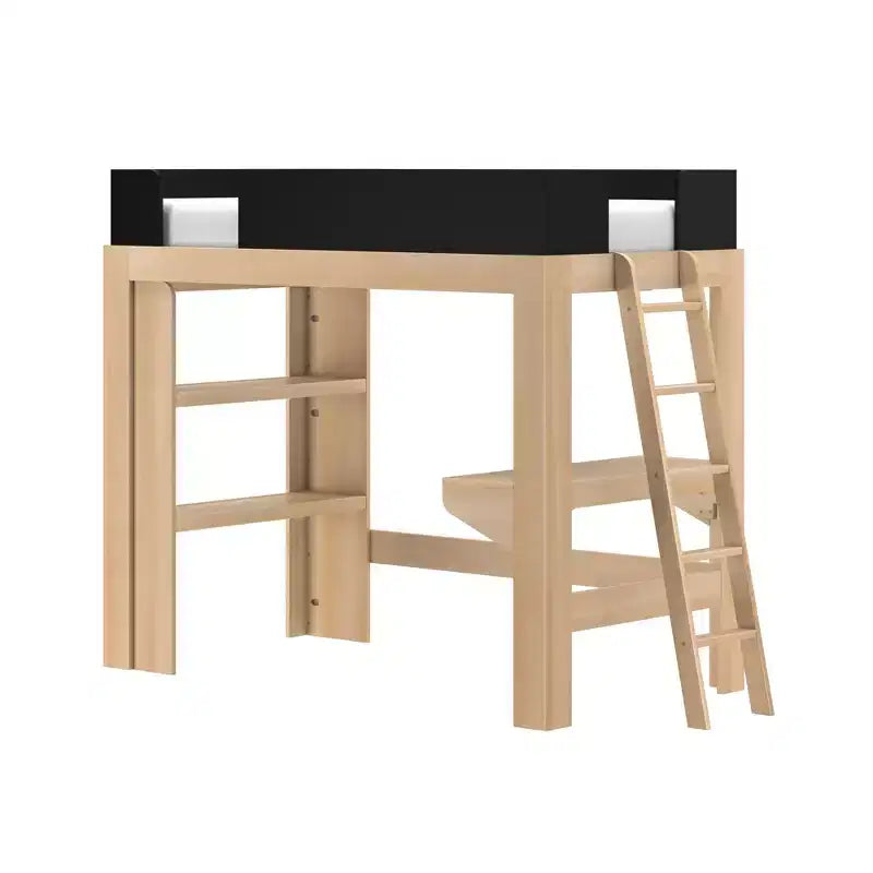 Lit mezzanine double avec bureau et étagère, moderne du milieu du siècle, 1 personne — Blond/Pacanier