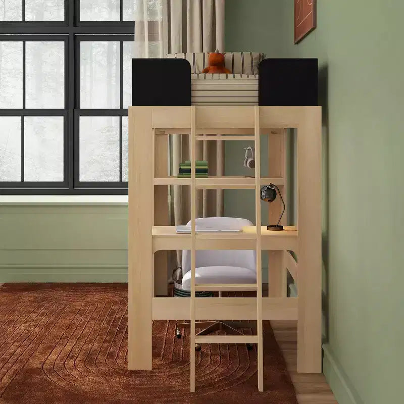 Lit mezzanine double avec bureau et étagère, moderne du milieu du siècle, 1 personne — Blond/Pacanier