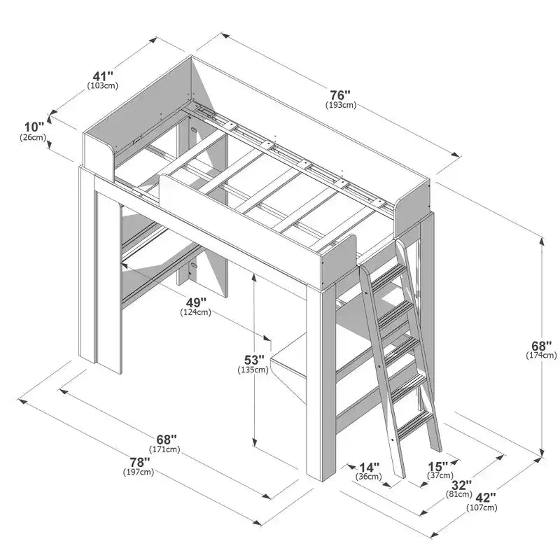 Lit mezzanine double avec bureau et étagère, moderne du milieu du siècle, 1 personne — Blond/Pacanier