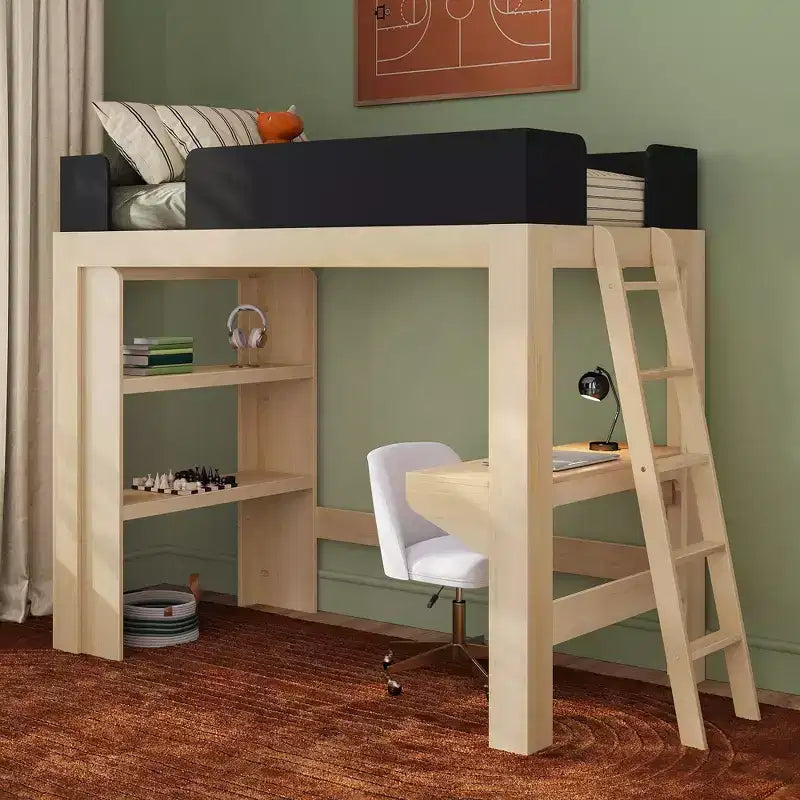Lit mezzanine double avec bureau et étagère, moderne du milieu du siècle, 1 personne — Blond/Pacanier