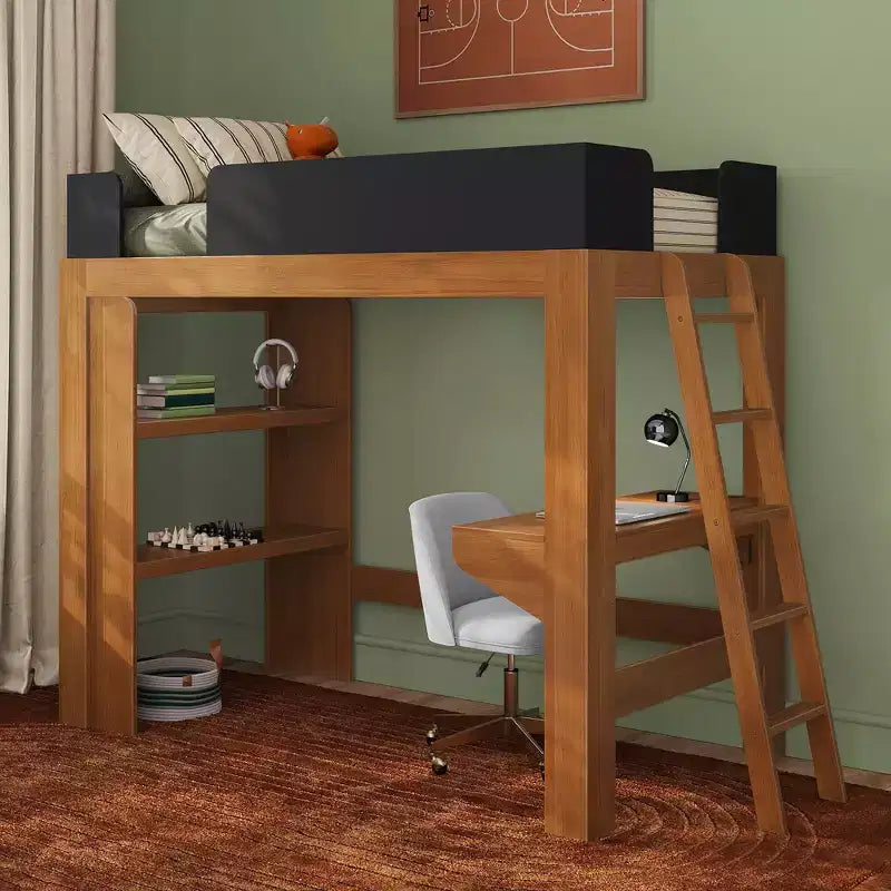Lit mezzanine double avec bureau et étagère, moderne du milieu du siècle, 1 personne — Blond/Pacanier