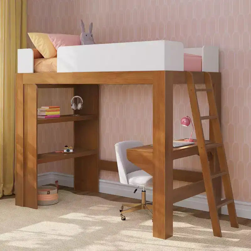 Lit mezzanine double avec bureau et étagère, moderne du milieu du siècle, 1 personne — Blond/Pacanier