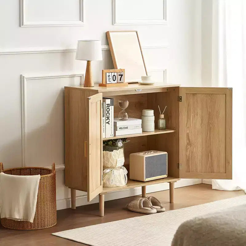Meuble bas en rotin, Armoire de rangement en rotin avec 2 portes magnétiques et étagères réglables, Buffet pour couloir, entrée