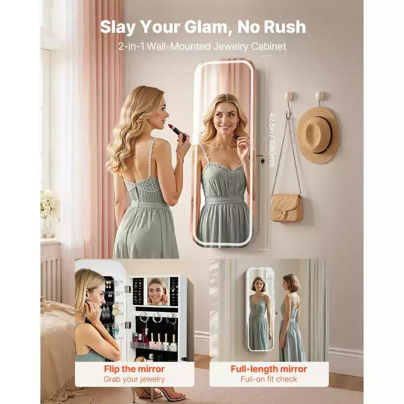 Armoire à bijoux miroir pleine longueur LED blanche, à monter au mur/sur une porte, pour utilisateur unique