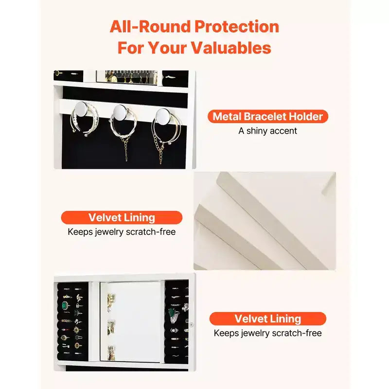 Armoire à bijoux miroir pleine longueur LED blanche, à monter au mur/sur une porte, pour utilisateur unique
