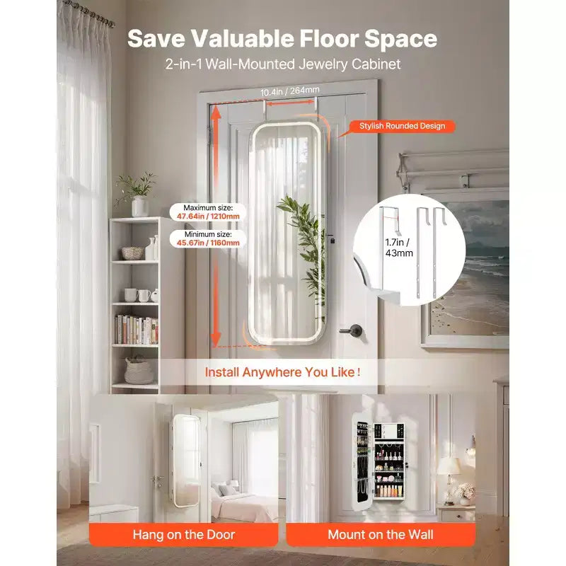 Armoire à bijoux miroir pleine longueur LED blanche, à monter au mur/sur une porte, pour utilisateur unique