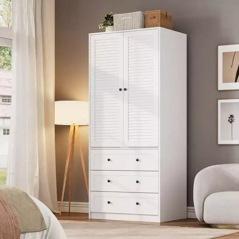 Armoire autoportante blanche avec tringle de suspension et 3 tiroirs, organisateur de placard simple