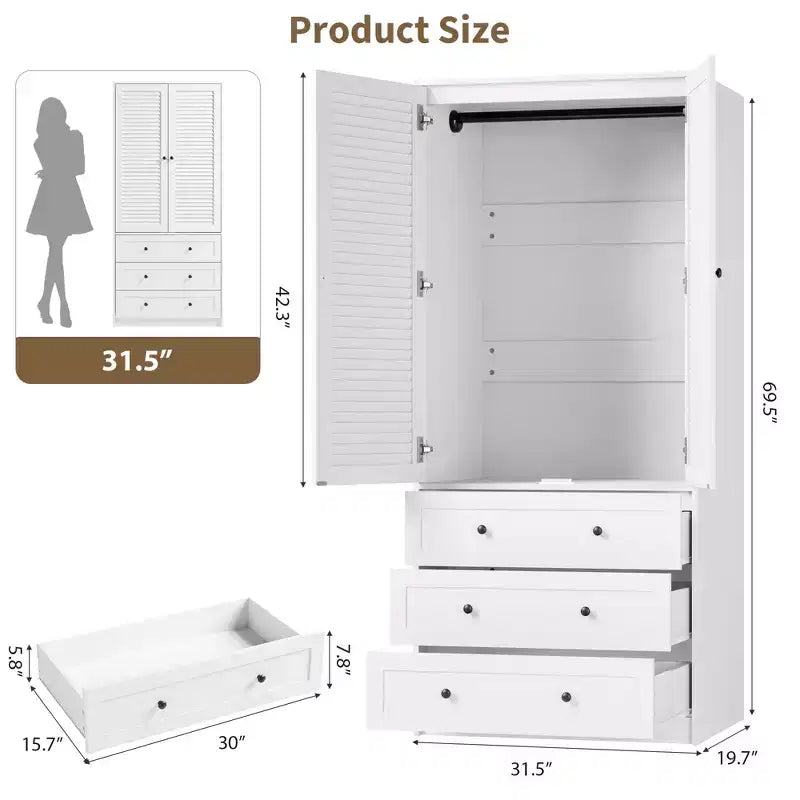 Armoire autoportante blanche avec tringle de suspension et 3 tiroirs, organisateur de placard simple
